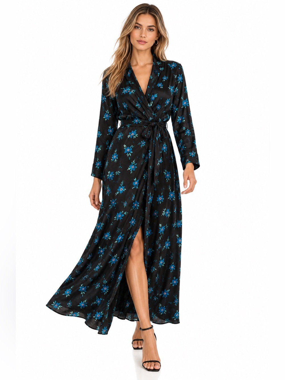 Zara Black Turquoise Floral Wrap Maxi Dress Robe Style Size Large